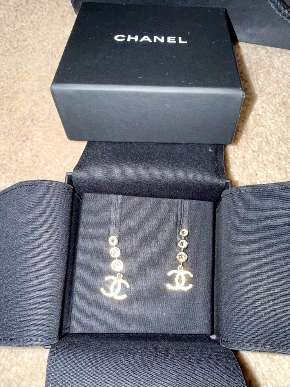 CHANEL Gold CC Drop Earrings with Crystal Accents